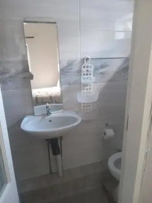 a bathroom with a sink and a mirror and a toilet at Bennyz Guest House in Pretoria