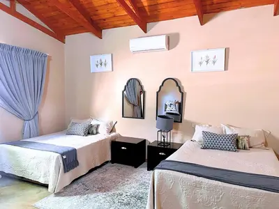 a bedroom with two beds and a mirror at Mushavi Manor in Sybrandskraal