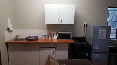 a kitchen with a counter with a sink and a refrigerator at Private Apartments & Biz Stays Pretoria in Pretoria