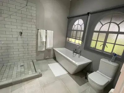 a bathroom with a toilet and a tub and a sink at Riecor Guest Farm in Thabazimbi