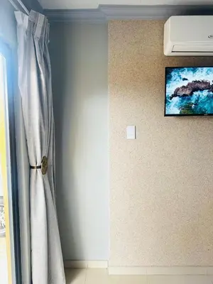 a room with a curtain and a painting on a wall at Maduwa Guest House in Pretoria