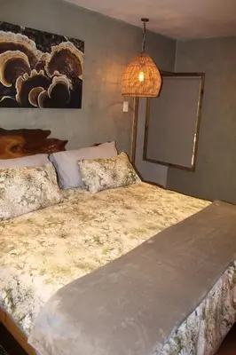 a bedroom with a large bed and a lamp at Matumi Trail Forest Lodges - Matumi and Mitzeeri in Tzaneen