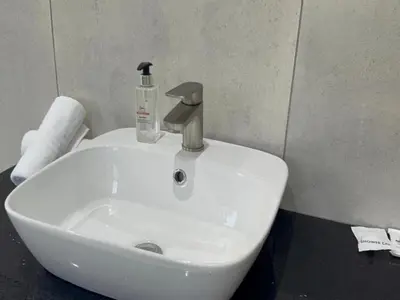 a bathroom sink with a soap bottle on it at Royal On Olifant Drive in Marloth Park