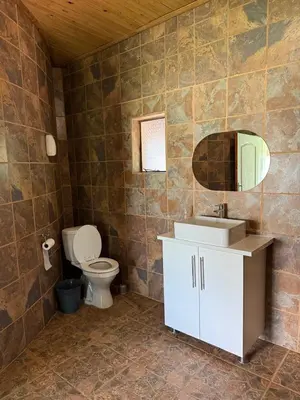 a bathroom with a toilet and a sink and a mirror at CMK Lodge in Hartbeespoort