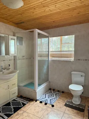 a bathroom with a shower and a toilet and a sink at CMK Lodge in Hartbeespoort