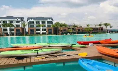 a group of kayaks on a dock in the water at The Blyde Paradise Luxury 1 Bed in Pretoria