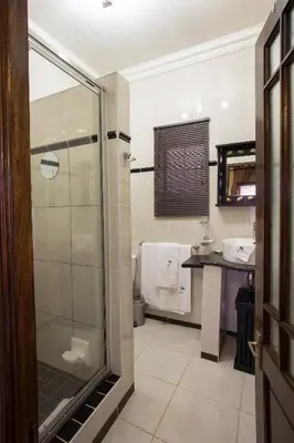 a bathroom with a shower and a sink at The Royal Palm B&B in Ohrigstad