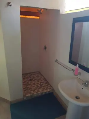 a bathroom with a shower and a sink at Harties Is Africa Safari Lodge in Hartbeespoort