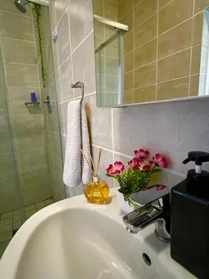 a bathroom with a sink with flowers on it at Greencreek Lifestyle in Pretoria