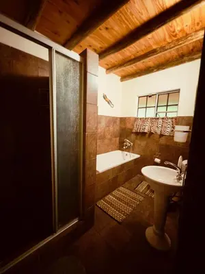 a bathroom with a shower and a sink and a tub at Sounds of Kruger Safari Villa in Marloth Park