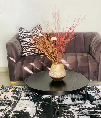 a living room with a couch and a table with a vase at Shibar farm house Mpumalanga in eLundi