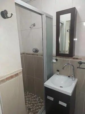 a bathroom with a sink and a shower with a mirror at Coral Suite in Pretoria