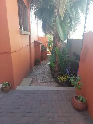 an alley with a building and a palm tree at Coral Suite in Pretoria