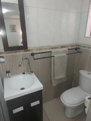 a bathroom with a sink and a toilet and a mirror at Coral Suite in Pretoria