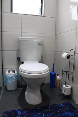 a white toilet in a bathroom with a blue rug at Cypress Nest Retreat in Midrand