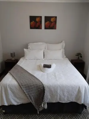 a bedroom with a bed with a cat laying on it at Cypress Nest Retreat in Midrand