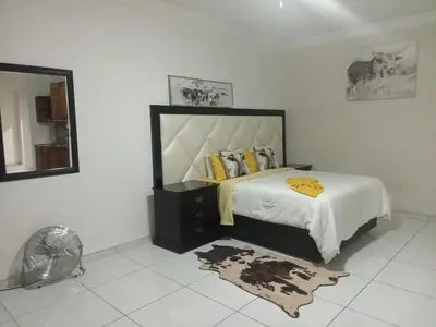 a bedroom with a bed with a mirror and a rug at Mountvista Guesthouse in Pretoria