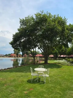 a table and two chairs in the grass next to a tree at Lakeside 12 in Dullstroom