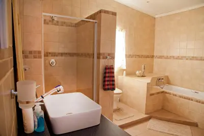 a bathroom with a shower and a sink and a toilet at La Bella B&B Under The Fig Tree in Bela-Bela