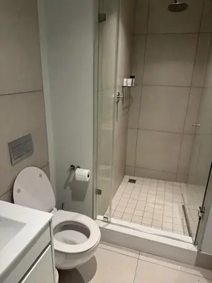 a bathroom with a shower with a toilet and a sink at Cassini Dreaming in Northdene