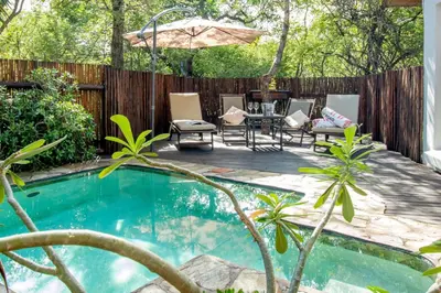 a backyard with a pool and chairs and an umbrella at Woodlandsbushlodge in Hoedspruit