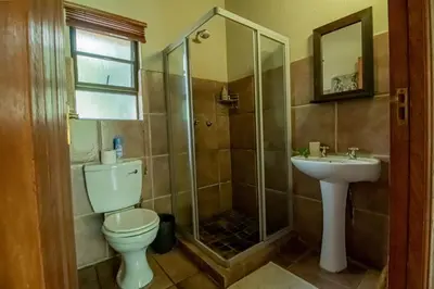 a bathroom with a shower and a toilet and a sink at Woodlandsbushlodge in Hoedspruit