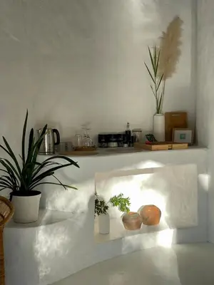 a white kitchen with plants and pots on a shelf at Hot spring tiny home in Limpopo in Gemsbokfontein