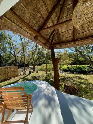 a patio with a table and a chair under a roof at Hot spring tiny home in Limpopo in Gemsbokfontein