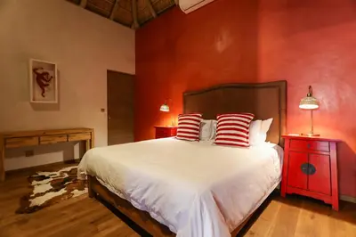 a bedroom with a large bed with red walls at Bush House Zandspruit in Hoedspruit