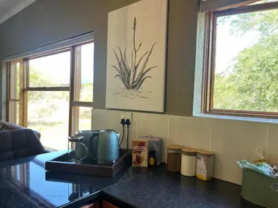 a kitchen counter with a coffee maker and a window at Maroela 1022 in Marloth Park
