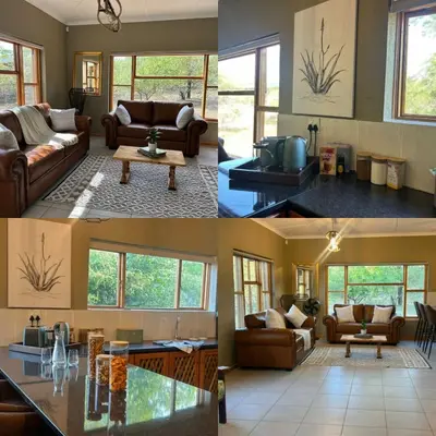 four different views of a living room with furniture at Maroela 1022 in Marloth Park