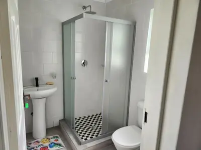 a bathroom with a shower and a toilet and a sink at Idube Power Hub Guest House in Benoni