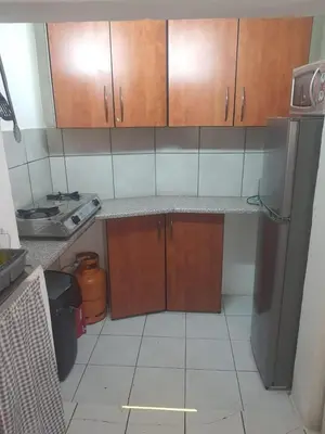 a small kitchen with wooden cabinets and a refrigerator at Cottage 3 at Cynthias Country in Hartbeespoort