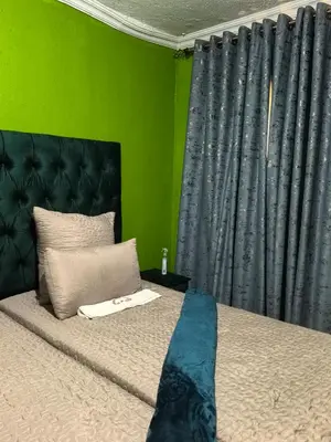 a bedroom with a bed with a green wall at samama guesthouse in Groblersdal