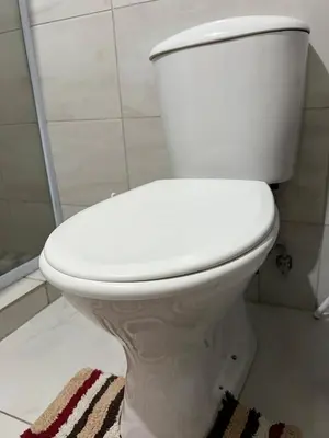 a white toilet in a bathroom with a rug at The Ripanga Nest in Nelspruit