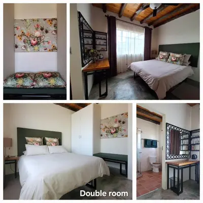 three pictures of a bedroom with two beds and a double room at Ouma se Huis in Tierpoort
