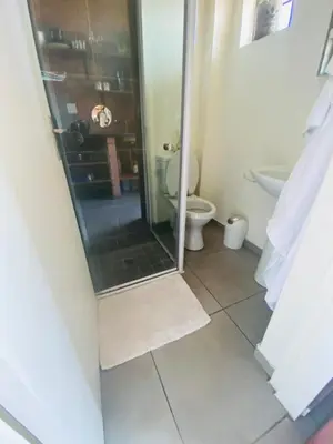 a bathroom with a shower and a toilet at Mordern Lil' Love Nest Loft in Midrand in Midrand
