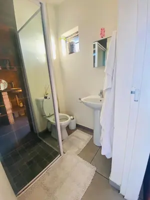 a bathroom with a shower and a toilet and a sink at Mordern Lil' Love Nest Loft in Midrand in Midrand