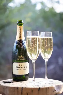 a bottle of champagne and two glasses on a table at Villa White Lion - Luxurious Villa nearby Kruger in Hoedspruit