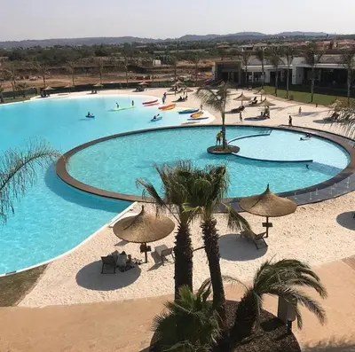 a large swimming pool with palm trees and umbrellas at Views at The Blyde in Pretoria