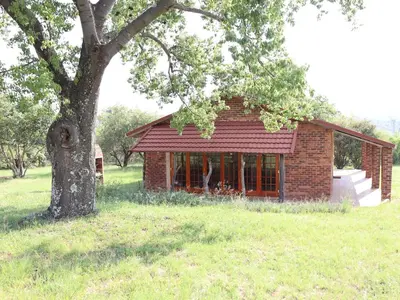 a small brick house in a field with a tree at Guesthouse in the Waterberg in Ouklip