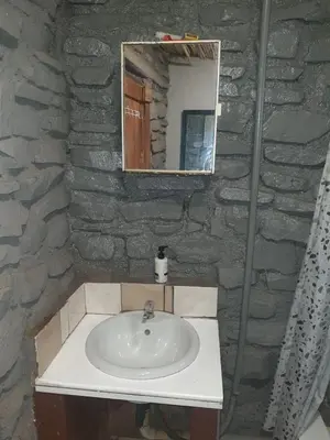 a bathroom with a sink and a stone wall at Chalet 1 Camping Style at Cynthias Country Farmstay Outside bathroom in Hartbeespoort