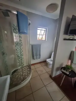 a bathroom with a shower and a toilet at Honeyball Guest rooms in Mokopane