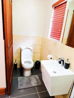 a bathroom with a white toilet and a sink at Elephant Villa Private Room in Nelspruit