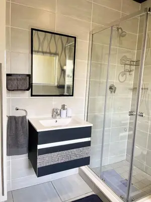 a bathroom with a sink and a shower at Smart Home Oasis & Luxury Living in Midrand