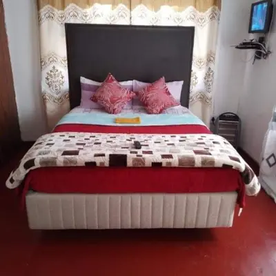 a bedroom with a large bed with red pillows at Matte guest house in Secunda in Secunda