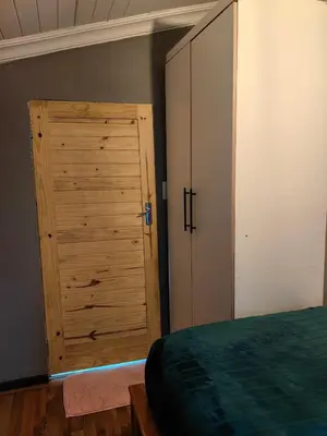 a bedroom with a closet and a wooden door at The Cozy Cabin in Pretoria