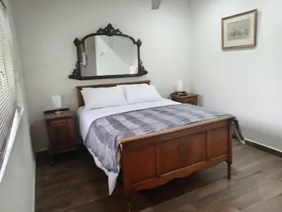 a bedroom with a bed with a mirror on the wall at Green Haven in Benoni