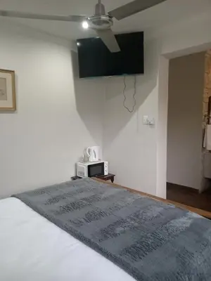 a bedroom with a bed and a ceiling fan at Green Haven in Benoni