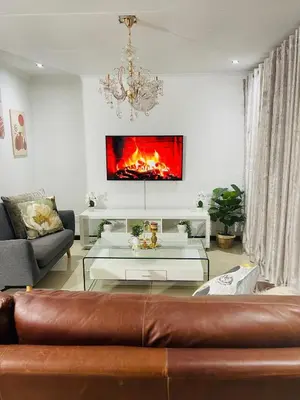 a living room with a couch and a fireplace at Beautiful Customized Hide Out in Centurion